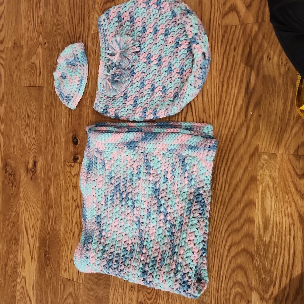 Hand crocheted Matching Set Baby Blanket, Cocoon and Beanie